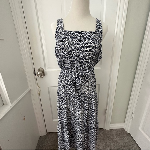NWT MICHAEL KORS Belted Midi Dress Tiered Sleeveless Blue White Navy Size XXS - Picture 6 of 8